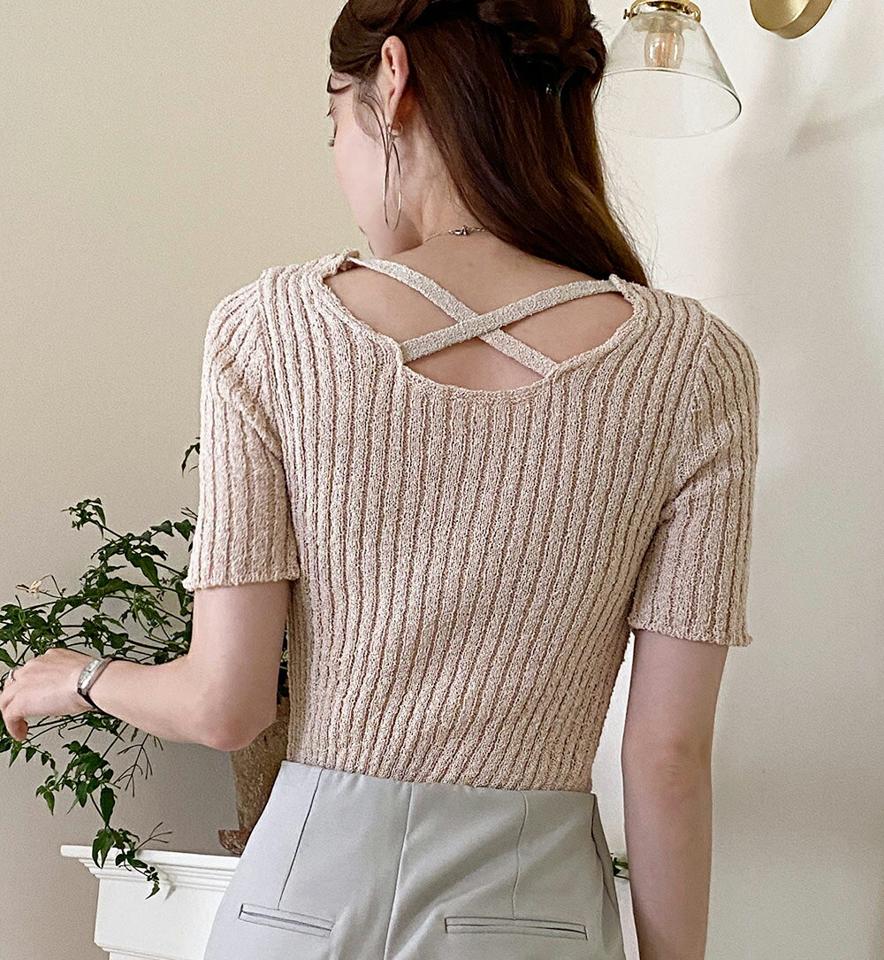 スクエアネックバッククロスニット・全5色・t72297 レディース 【tops】トップス クロス ニット 年上 半袖 バックシャン スクエアネック 鎖骨 デコルテ 肌見せ 背中見せ セクシー リブ クロップド丈 春 夏 鎖骨 大人 黒 韓国ファッション ハイホリHIHOLLI