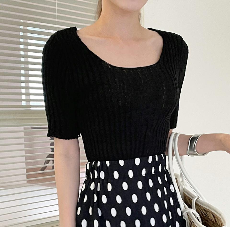 スクエアネックバッククロスニット・全5色・t72297 レディース 【tops】トップス クロス ニット 年上 半袖 バックシャン スクエアネック 鎖骨 デコルテ 肌見せ 背中見せ セクシー リブ クロップド丈 春 夏 鎖骨 大人 黒 韓国ファッション ハイホリHIHOLLI