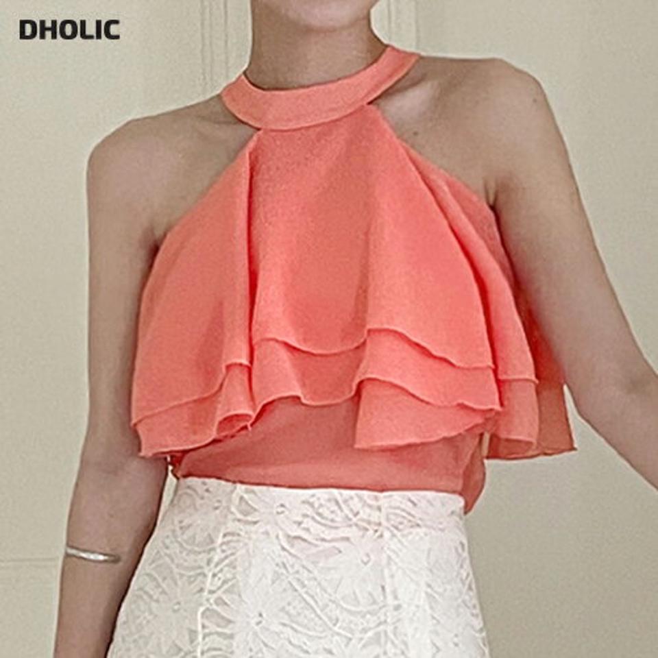 【10%OFF】2WAYラッフルブラウス・全4色・t72329 レディース 【bl】ブラウス トップス アメリカンスリーブ ノースリーブ 単色 2WAY ホルターネック クロップド丈 シアー ラッフル 肌見せ 春 夏 大人 フェミニン オレンジ 韓国ファッション ハイホリHIHOLLI セール SALE