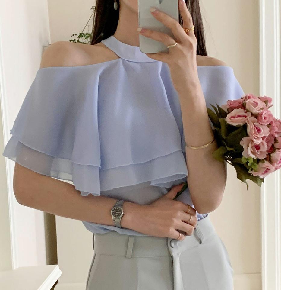 【10%OFF】2WAYラッフルブラウス・全4色・t72329 レディース 【bl】ブラウス トップス アメリカンスリーブ ノースリーブ 単色 2WAY ホルターネック クロップド丈 シアー ラッフル 肌見せ 春 夏 大人 フェミニン オレンジ 韓国ファッション ハイホリHIHOLLI セール SALE