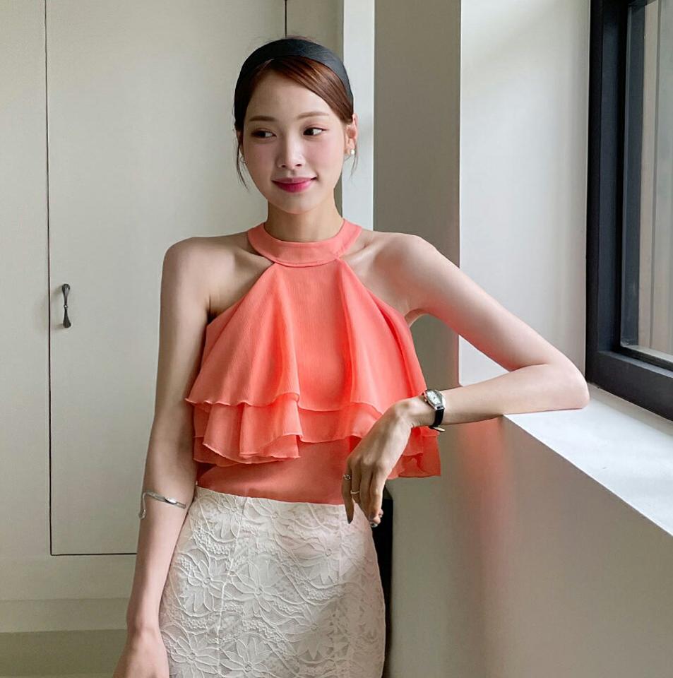 【10%OFF】2WAYラッフルブラウス・全4色・t72329 レディース 【bl】ブラウス トップス アメリカンスリーブ ノースリーブ 単色 2WAY ホルターネック クロップド丈 シアー ラッフル 肌見せ 春 夏 大人 フェミニン オレンジ 韓国ファッション ハイホリHIHOLLI セール SALE