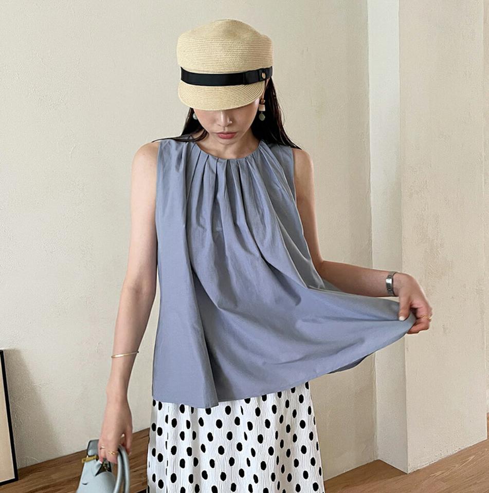 タックフレアノースリーブ・全3色・b72299 レディース 【tops】トップス ノースリーブ スリーブレス 単色 無地 シンプル べーシック フレア お腹カバー 楽ちん 春 夏 カジュアル フェミニン 水色 パステル 韓国ファッション ハイホリHIHOLLI