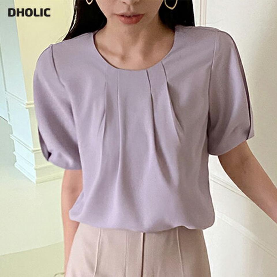 タックパフスリーブブラウス・全5色・72300 レディース 【bl】ブラウス トップス 半袖 単色 無地 シンプル ベーシック パステル タック パフスリーブ パフ袖 オフィスカジュアル 春 夏 フェミニン くすみ 紫 韓国ファッション ハイホリHIHOLLI