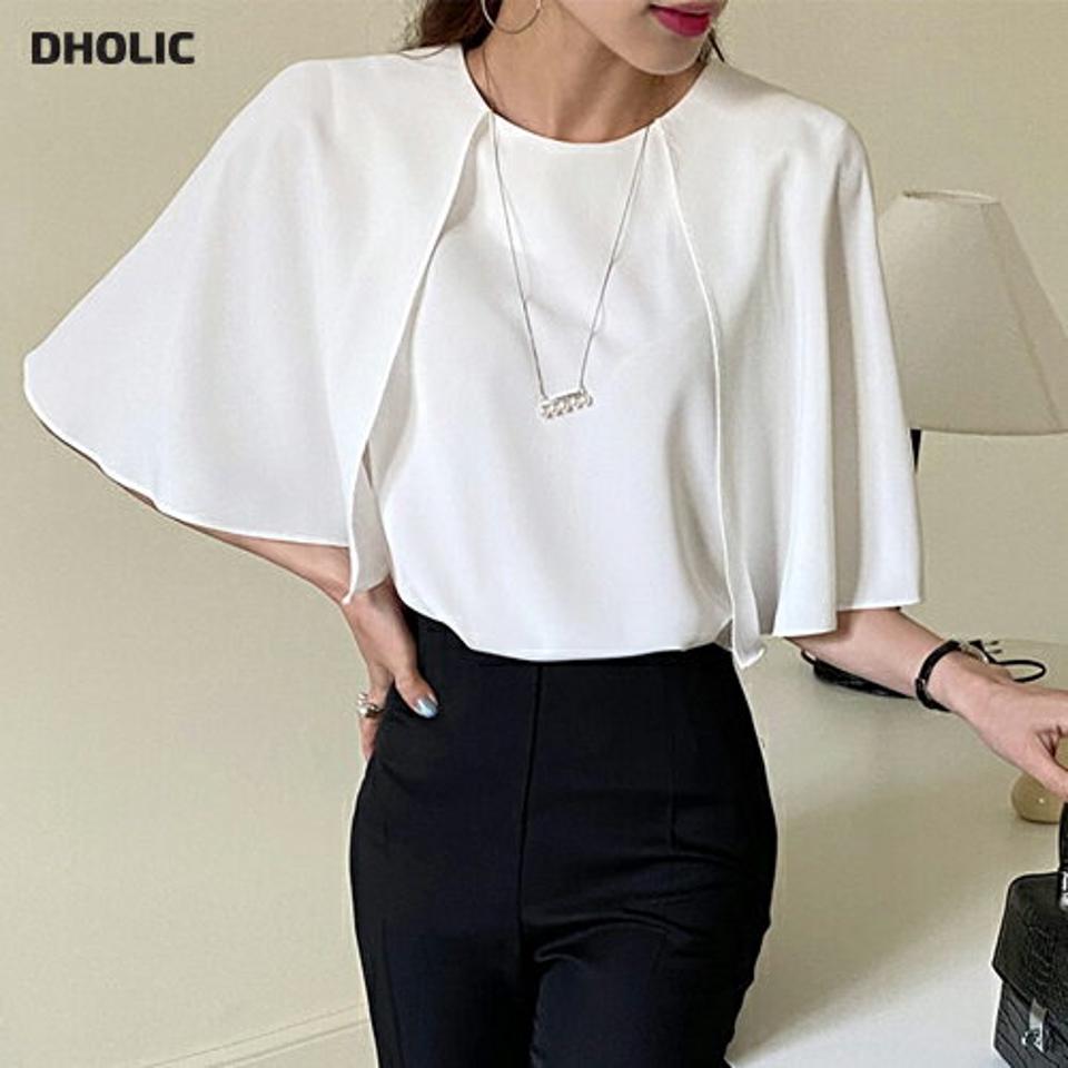 【10%OFF】ケープブラウス・全3色・b72301 レディース 【bl】ブラウス トップス 半袖 二の腕カバー 単色 無地 ゆったり 体型カバー ケープ オフィスカジュアル 上品 大人 きれいめ 春 夏 フェミニン パステル 白 ホワイト 韓国ファッション ハイホリHIHOLLI セール SALE