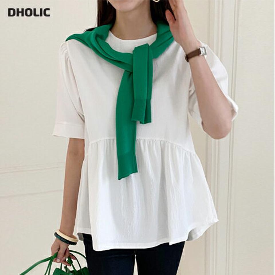 ペプラムブラウス・全4色・t72302 レディース 【bl】ブラウス トップス 半袖 単色 無地 シンプル ベーシック お腹カバー 体型カバー ゆったり 楽ちん ぺプラム 春 夏 フェミニン カジュアル 白 ホワイト パフ 韓国ファッション ハイホリHIHOLLI