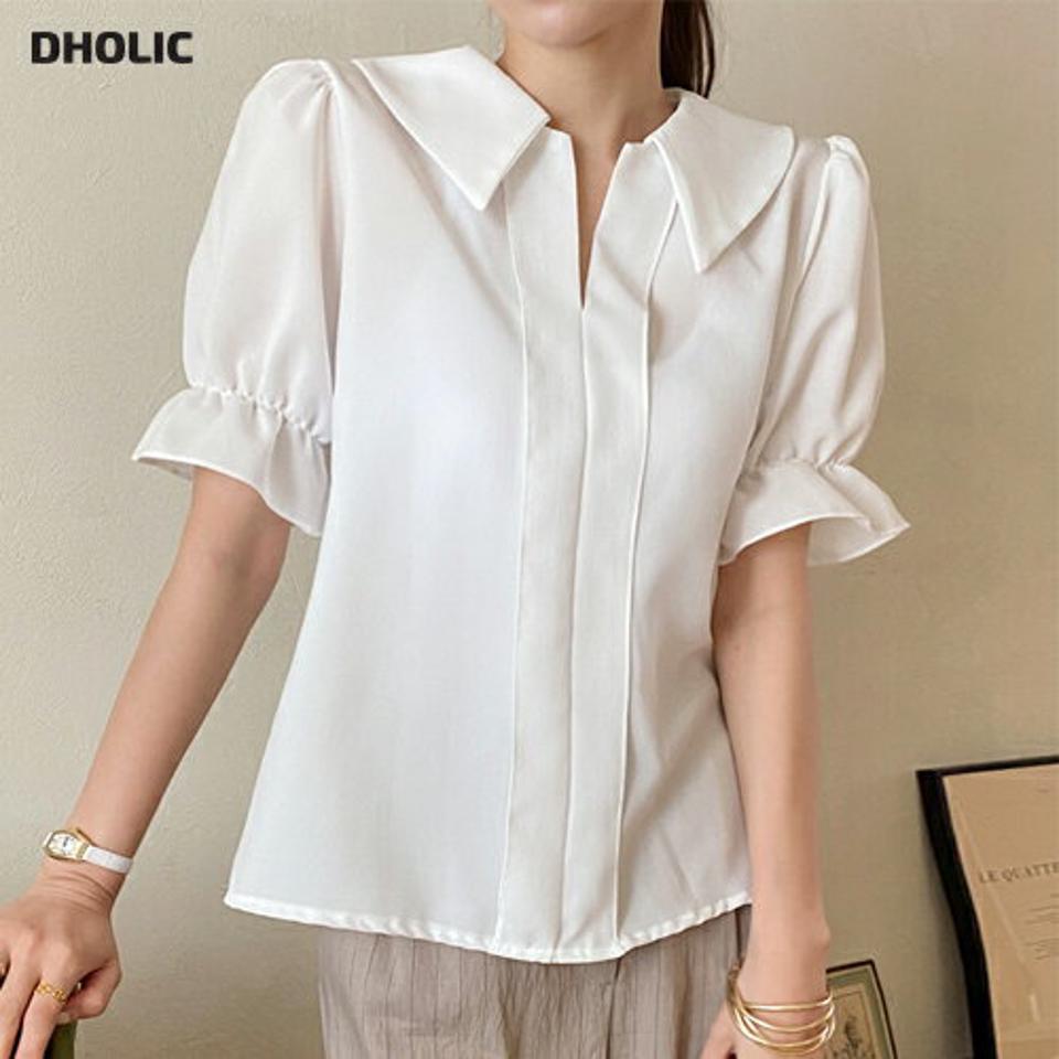 パフスリーブカラーブラウス・全3色・t72303 レディース 【bl】ブラウス トップス 半袖 単色 無地 シンプル 襟 スリット パフスリーブ パフ袖 オフィスカジュアル 春 夏 フェミニン 大人 白 ホワイト 韓国ファッション ハイホリHIHOLLI