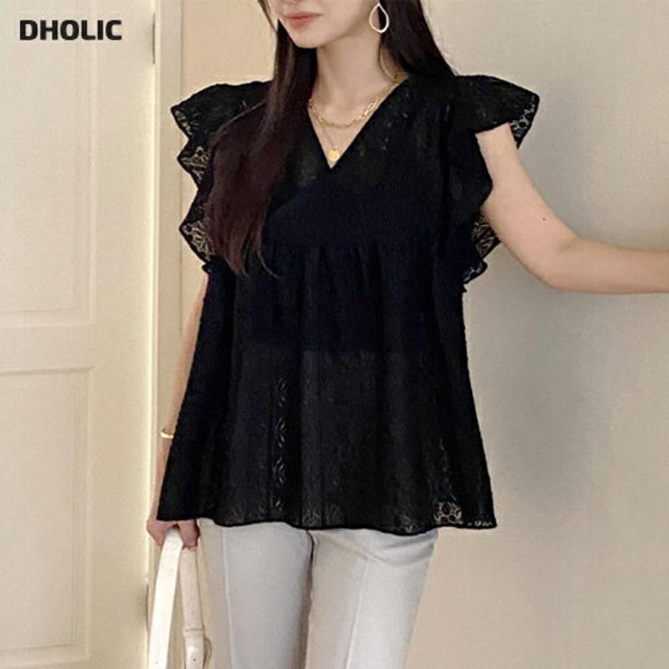 レースフリルクロスブラウス・全2色・b72304 レディース 【bl】ブラウス トップス ノースリーブ フレア 柄 模様 総レース Vネック デコルテ 透け感 シアー ロング丈 スリーブレス お腹カバー 春 夏 フェミニン 黒 韓国ファッション ハイホリHIHOLLI