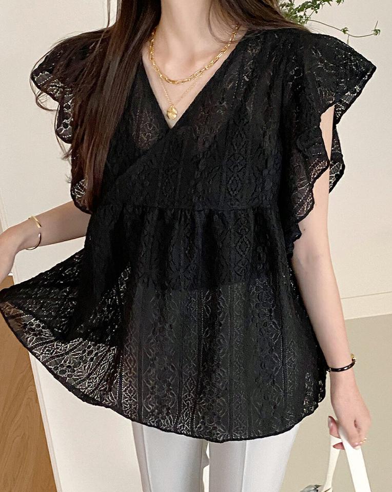 レースフリルクロスブラウス・全2色・b72304 レディース 【bl】ブラウス トップス ノースリーブ フレア 柄 模様 総レース Vネック デコルテ 透け感 シアー ロング丈 スリーブレス お腹カバー 春 夏 フェミニン 黒 韓国ファッション ハイホリHIHOLLI