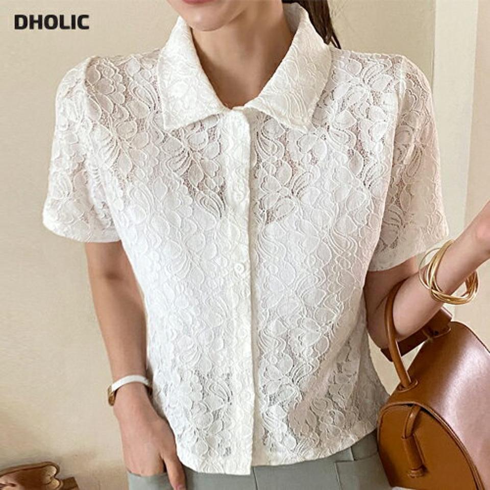 花柄レースシャツ・全4色・t72328 レディース 【bl】ブラウス トップス 半袖 襟 ボタン レース 単色 柄 模様 総レース 透け感 シアー シースルー 上品 クロップド丈 春 夏 フェミニン 白 ホワイト フラワー 韓国ファッション ハイホリHIHOLLI