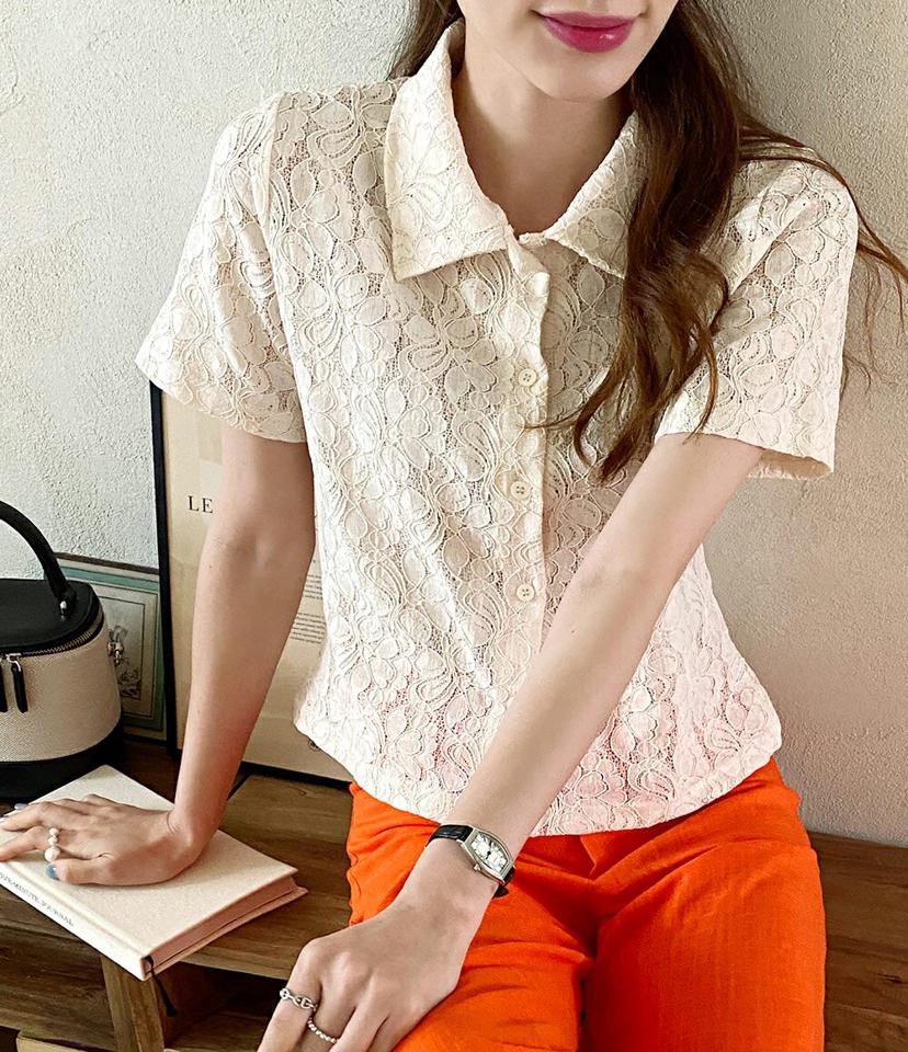 花柄レースシャツ・全4色・t72328 レディース 【bl】ブラウス トップス 半袖 襟 ボタン レース 単色 柄 模様 総レース 透け感 シアー シースルー 上品 クロップド丈 春 夏 フェミニン 白 ホワイト フラワー 韓国ファッション ハイホリHIHOLLI