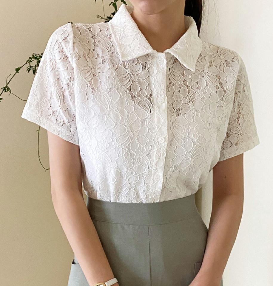 花柄レースシャツ・全4色・t72328 レディース 【bl】ブラウス トップス 半袖 襟 ボタン レース 単色 柄 模様 総レース 透け感 シアー シースルー 上品 クロップド丈 春 夏 フェミニン 白 ホワイト フラワー 韓国ファッション ハイホリHIHOLLI