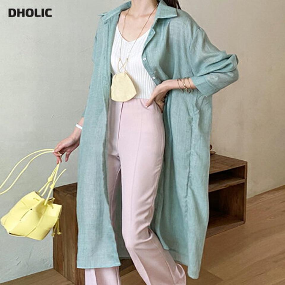 コットンシースルーロングシャツ・全4色・t72306 レディース 【bl】シャツ ロング丈 単色 無地 シンプル ベーシック 長袖 シアー シースルー 透け感 パステル コットン 綿 春 夏 カジュアル カーキ 大人 韓国ファッション ハイホリHIHOLLI