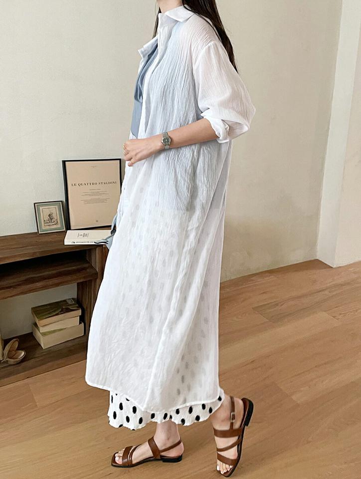 コットンシースルーロングシャツ・全4色・t72306 レディース 【bl】シャツ ロング丈 単色 無地 シンプル ベーシック 長袖 シアー シースルー 透け感 パステル コットン 綿 春 夏 カジュアル カーキ 大人 韓国ファッション ハイホリHIHOLLI