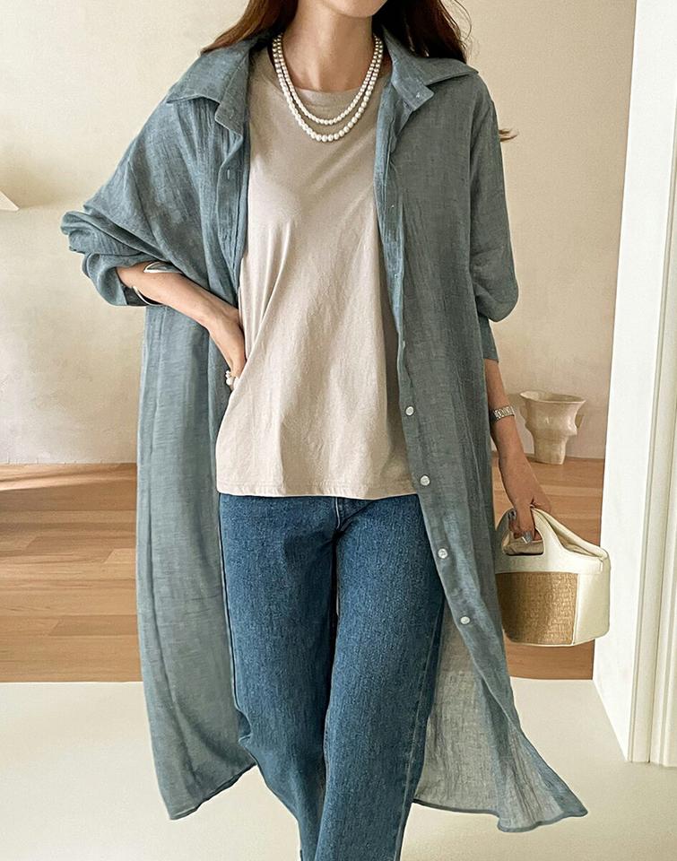 コットンシースルーロングシャツ・全4色・t72306 レディース 【bl】シャツ ロング丈 単色 無地 シンプル ベーシック 長袖 シアー シースルー 透け感 パステル コットン 綿 春 夏 カジュアル カーキ 大人 韓国ファッション ハイホリHIHOLLI