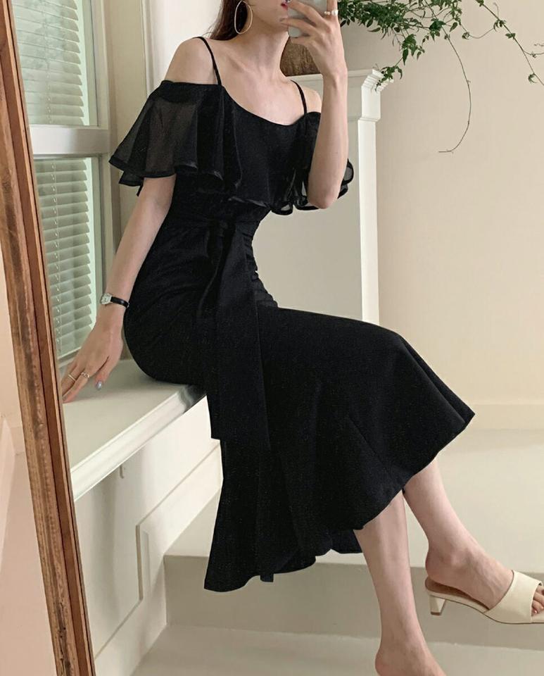 【10%OFF】2WAYラッフルマーメイドワンピース・全3色・t72312 レディース 【ops】ワンピース ロング丈 半袖 2WAY オフショル 単色 異素材 シアー 透け感 マーメイド リボン 二の腕カバー 春 夏 フェミニン 鎖骨 ベージュ 韓国ファッション ハイホリHIHOLLI セール SALE