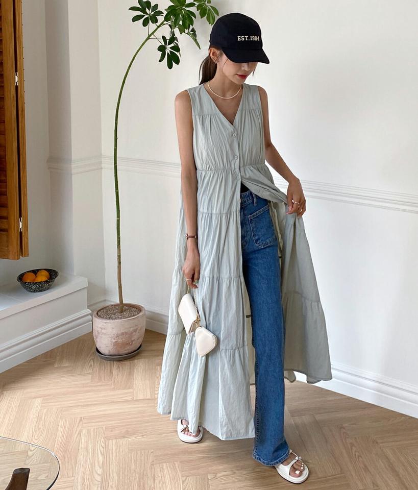 ティアードノースリワンピース・全3色・t01258 レディース 【ops】ワンピース ロング丈 ロングワンピース スリーブレス ノースリーブ ティアード フレア 体型カバー Vネック 単色 シンプル ボリューム リゾート ラフ 夏 ベージュ 韓国ファッション