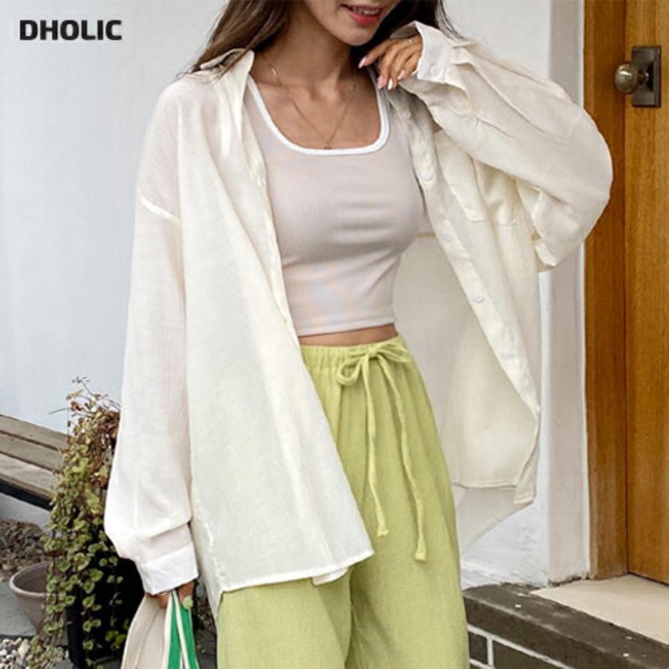 2WAYリンクルカラーシャツ・全3色・b01252 レディース 【bl】トップス シャツ 長袖 ゆったり ルーズ オーバーサイズ リンクル 単色 無地 シンプル カジュル ベーシック ラフ アンバランス 透け感 シアー シースルー 大人 春 夏 秋 韓国ファッション