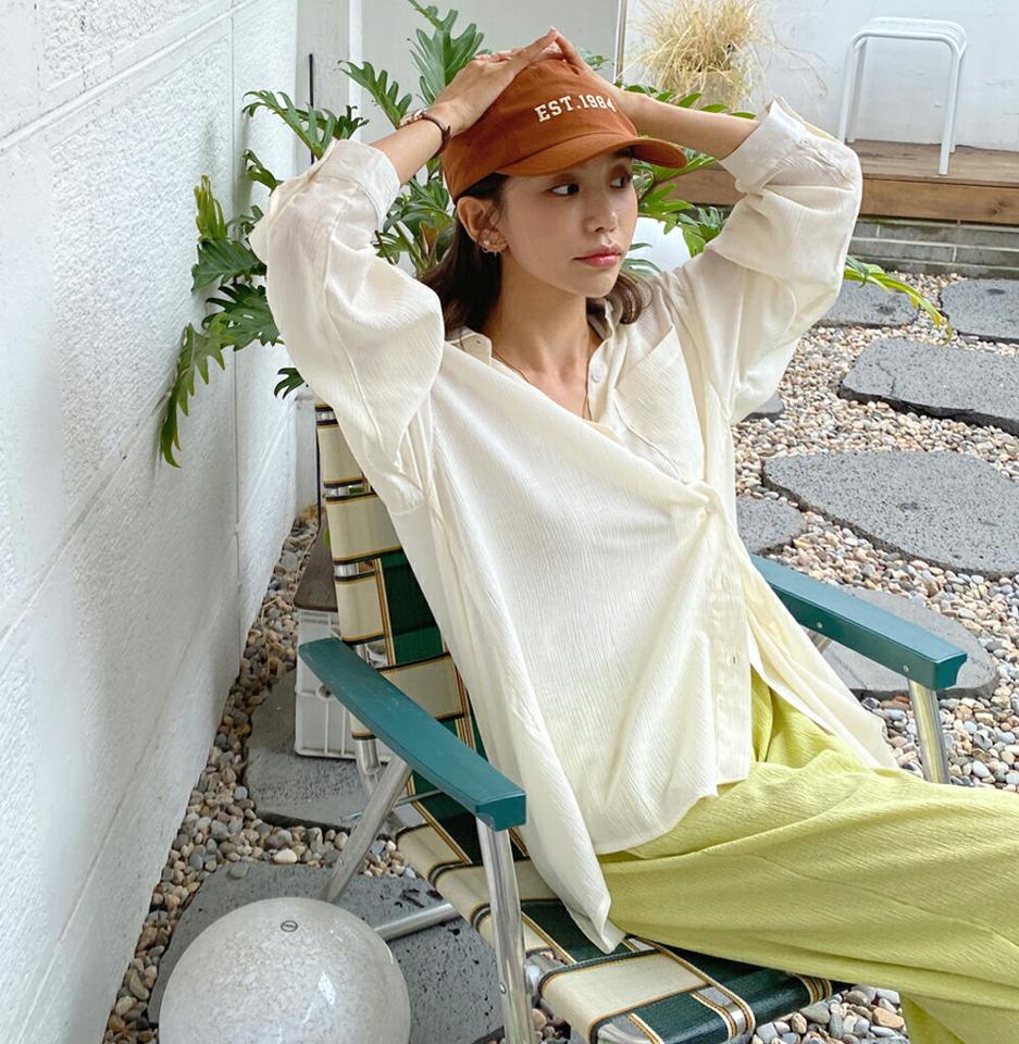 2WAYリンクルカラーシャツ・全3色・b01252 レディース 【bl】トップス シャツ 長袖 ゆったり ルーズ オーバーサイズ リンクル 単色 無地 シンプル カジュル ベーシック ラフ アンバランス 透け感 シアー シースルー 大人 春 夏 秋 韓国ファッション