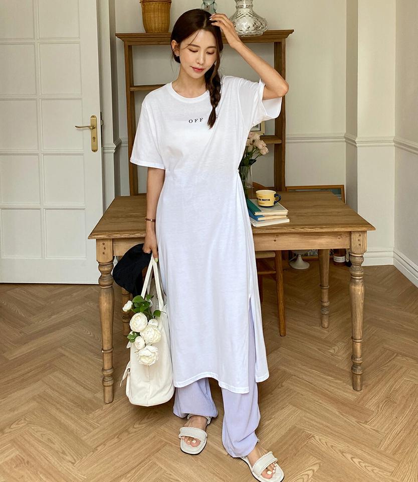 2WAYロゴTシャツワンピース・全4色・t01261 レディース 【ops】ワンピース ロング丈 ロングワンピース ロゴ カットソーワンピース 半袖 ハーフスリーブ ラウンドネック シンプル カジュル スリット ラフ 緑 夏 韓国ファッション