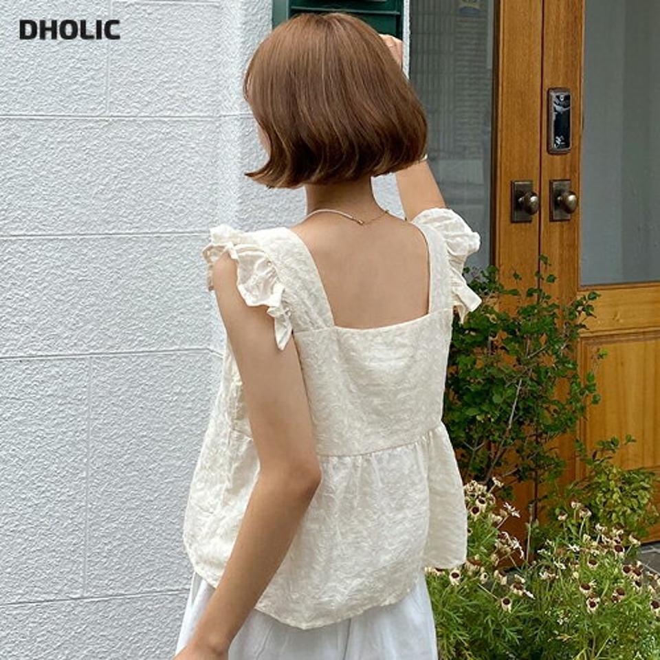 リーフ刺繍ショルダーフリルペプラムブラウス・全2色・b01249 レディース 【bl】トップス ブラウス スリーブレス ノースリーブ ペプラム お腹カバー フリル ガーリー 刺繍 かわいい 可愛い タンクトップ 前後着用自由 夏 韓国ファッション