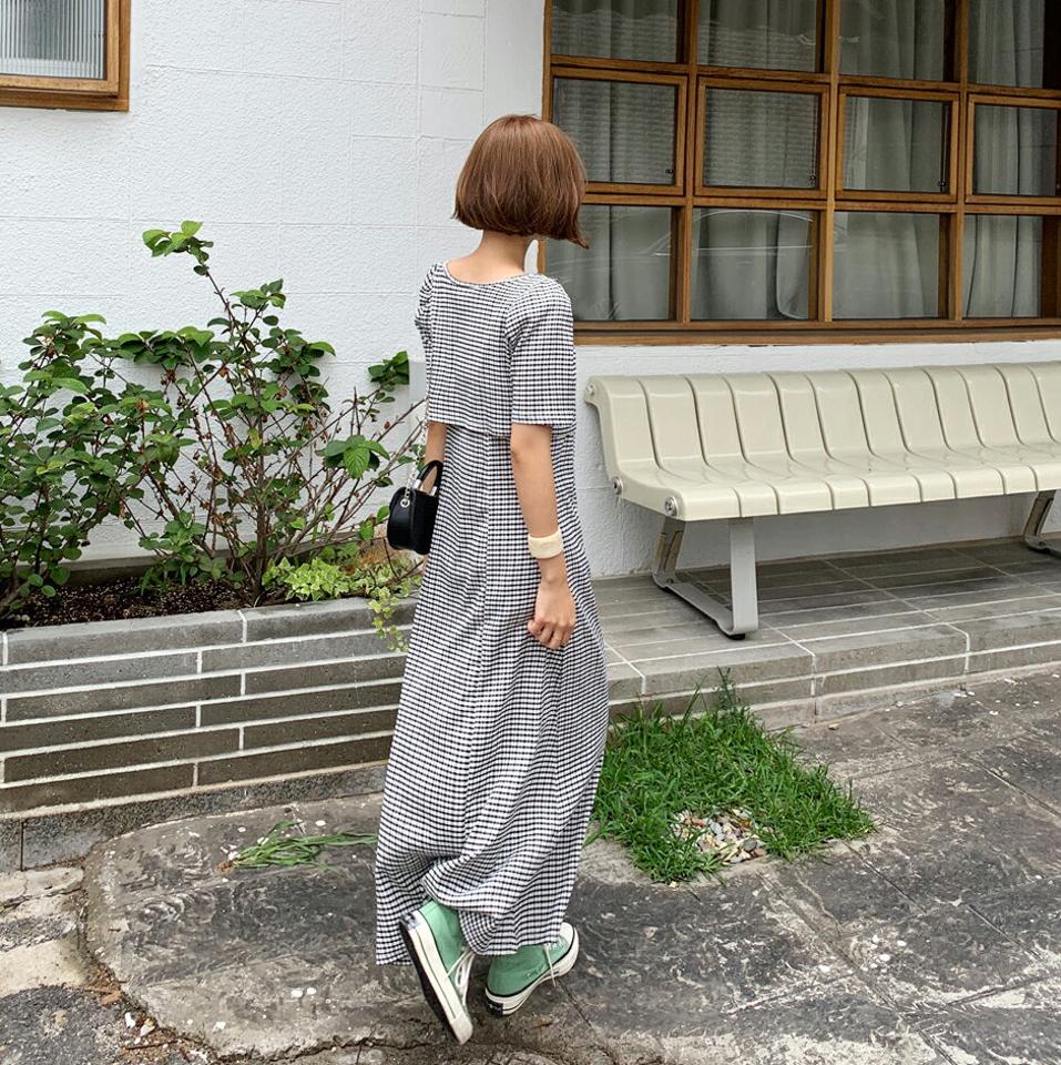 リンクルチェックストリングTシャツ&キャミワンピースSET・全3色・t01263 レディース 【ops】アンサンブル セット トップス Tシャツ 半袖 リンクル チェック柄 ロングワンピース ノースリーブ キャミソール ガーリー 大人 水色 夏 韓国ファッション