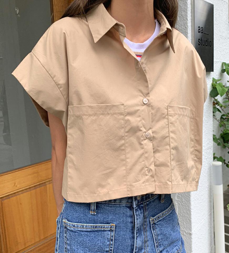 ストリングポケットシャツ・全4色・t01254 レディース 【bl】トップス シャツ 半袖 バンドスリーブ アンバランス 襟 単色 無地 シンプル 大人 カジュアル ポケット ワイドスリーブ ゆったり オーバーサイズ 体型カバー 身幅 夏 韓国ファッション