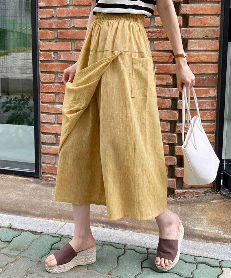 リネン混スカート風パンツ・全3色・b72609 レディース 【pt】パンツ ロング丈 単色 無地 シンプル リネン混 ユニーク スカート風 楽ちん カラーパンツ ラフ ハイウエスト ワイド 体型カバー 春 夏 カジュアル 黄色 韓国ファッション ハイホリHIHOLLI