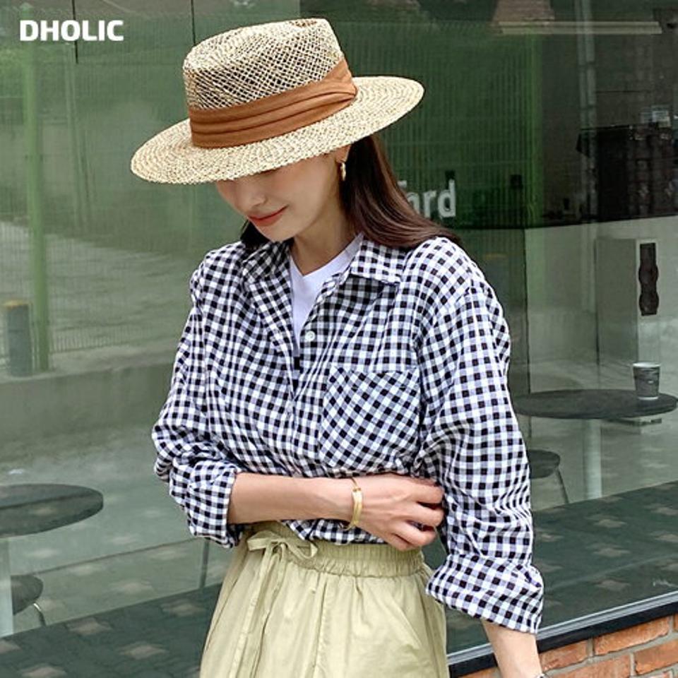 ギンガムチェックボクシーフィットシャツ・全4色・t72584 レディース 【bl】ブラウス トップス 長袖 柄 模様 ギンガムチェック シャツ 襟 ボタン ルーズ ドロップショルダー 春 夏 カジュアル ブラック 黒 韓国ファッション ハイホリHIHOLLI