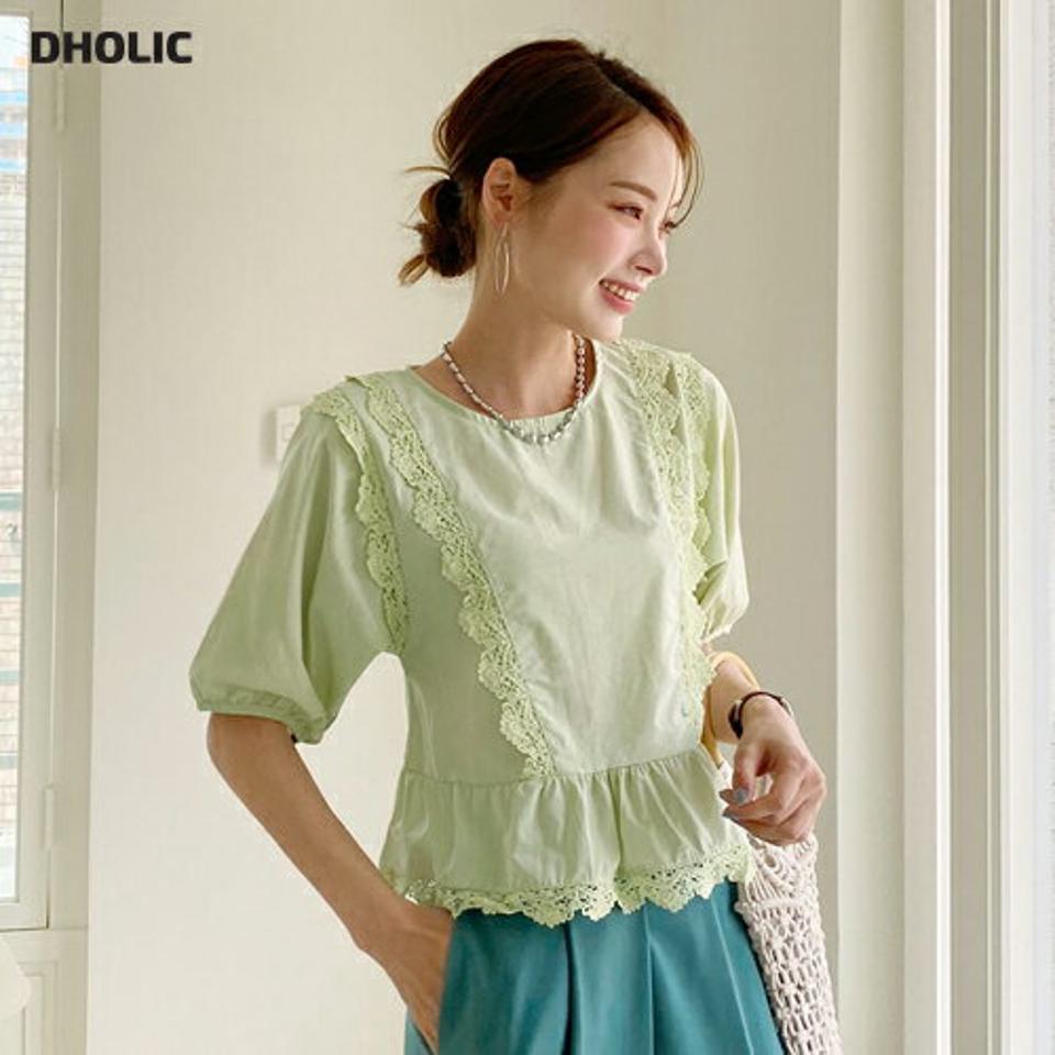 レースペプラムパフブラウス・全2色・b72586 レディース 【bl】ブラウス トップス 半袖 レース 模様 異素材 二の腕カバー パフ袖 パフスリーブ パステル 春 夏 フェミニン 上品 きれいめ 黄緑 ミント かわいい 韓国ファッション ハイホリHIHOLLI
