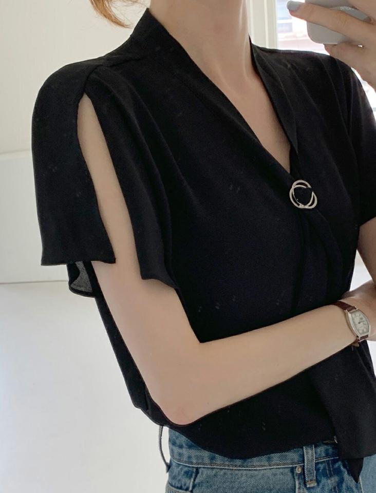 【10%OFF】リング付ボウタイブラウス・全2色・t72578 レディース 【bl】ブラウス トップス 半袖 リング ボウタイ 無地 シンプル オフィスカジュアル ハーフネック きれいめ Vネック 上品 春 夏 フェミニン 大人 白 ホワイト 韓国ファッション ハイホリHIHOLLI セール SALE