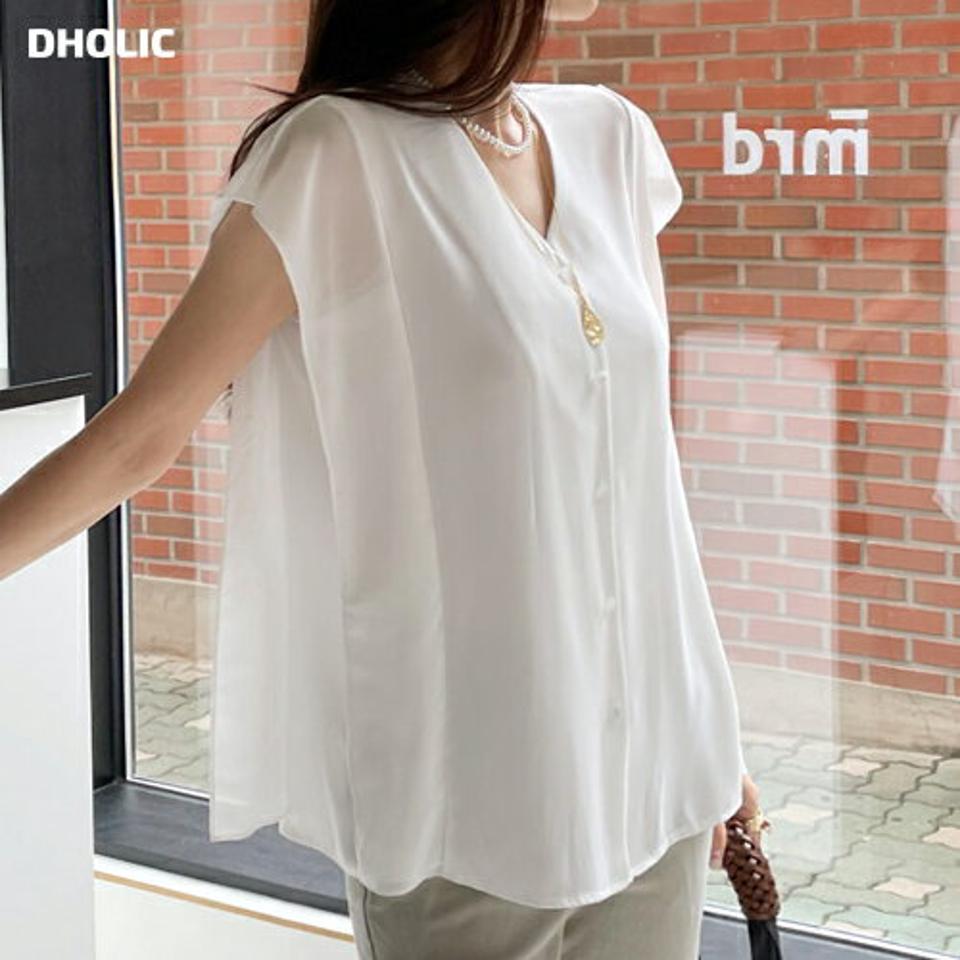 シアーフリルスリットブラウス・全3色・t72577 レディース 【bl】ブラウス トップス ノースリーブ スリーブレス 半袖 単色 無地 シンプル Vネック 夏 上品 オフィスカジュアル 体型カバー 大人 お腹カバー 韓国ファッション ハイホリHIHOLLI