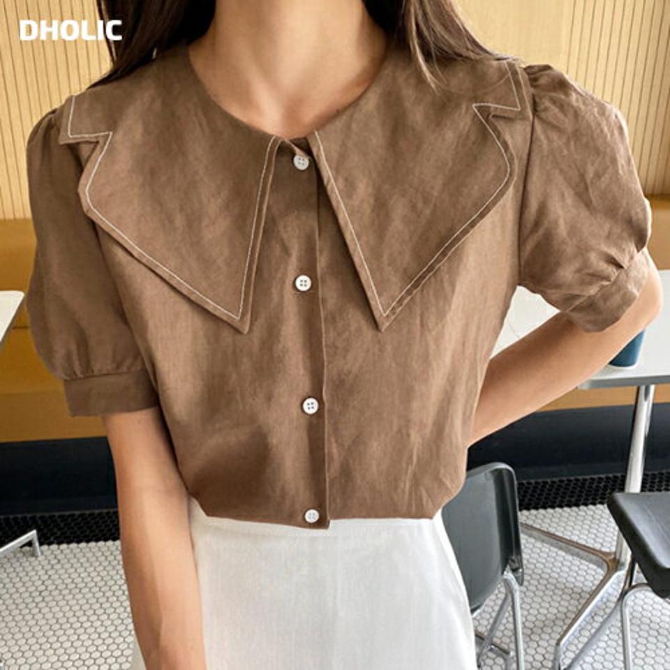 リネン混カラーステッチブラウス・全3色・b00883 レディース 【bl】トップス ブラウス 半袖 ハーフスリーブ 大きい襟 襟コン ステッチ リネン シンプル かわいい 可愛い 大人 パフスリーブ ガーリー ブラウン 茶色 夏 韓国ファッション