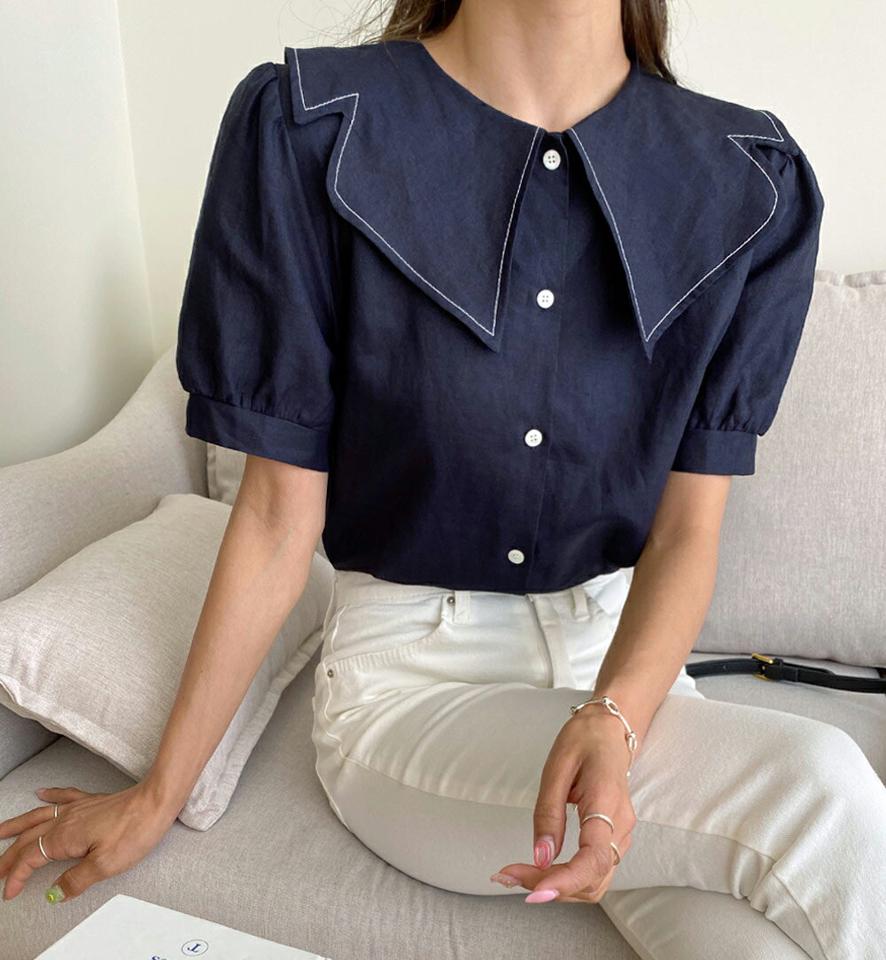 リネン混カラーステッチブラウス・全3色・b00883 レディース 【bl】トップス ブラウス 半袖 ハーフスリーブ 大きい襟 襟コン ステッチ リネン シンプル かわいい 可愛い 大人 パフスリーブ ガーリー ブラウン 茶色 夏 韓国ファッション