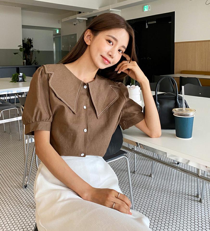 リネン混カラーステッチブラウス・全3色・b00883 レディース 【bl】トップス ブラウス 半袖 ハーフスリーブ 大きい襟 襟コン ステッチ リネン シンプル かわいい 可愛い 大人 パフスリーブ ガーリー ブラウン 茶色 夏 韓国ファッション