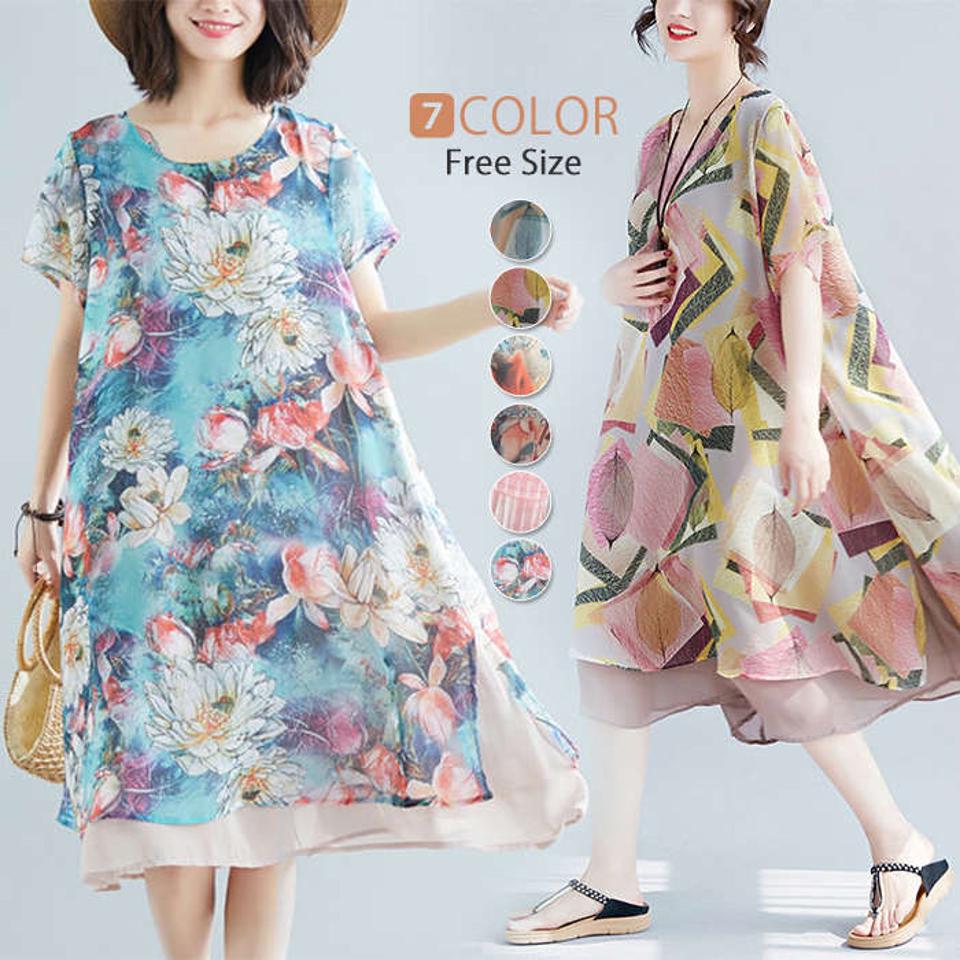 ワンピース 夏 きれいめ レーディス ロング マキシワンピース エスニックワンピース 花柄 総柄 プリント リゾートワンピース ワンピ 五分袖 半袖 大きいサイズ 大人 ゆったり きれいめ 送料無料