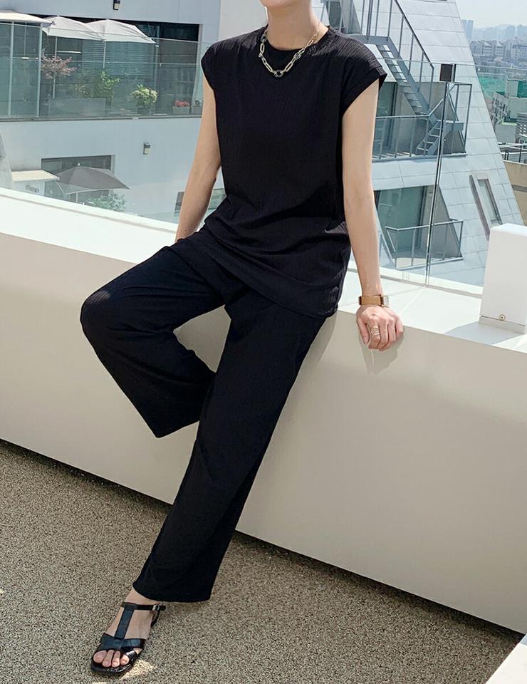 ≪人気商品再入荷≫リブフレンチスリーブTシャツ&ワイドパンツSET・全3色・b00818 レディース 【pt】セットアップ セット setup 単色 プリーツ Tシャツ 半袖 フレンチスリーブ リブ パンツ ワイド ゆったり 春 夏 大人 黒 韓国ファッション ハイホリHIHOLLI
