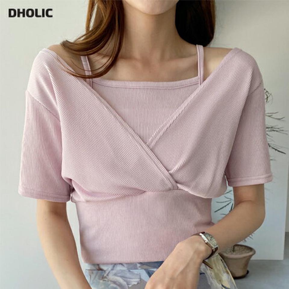 リブキャミソール&カシュクルーTシャツSET・全4色・t00782 レディース 【tops】セット アンサンブル 単色 ユニーク Tシャツ 半袖 カシュクール キャミソール スクエアネック 鎖骨 春 夏 フェミニン ピンク 韓国ファッション ハイホリHIHOLLI
