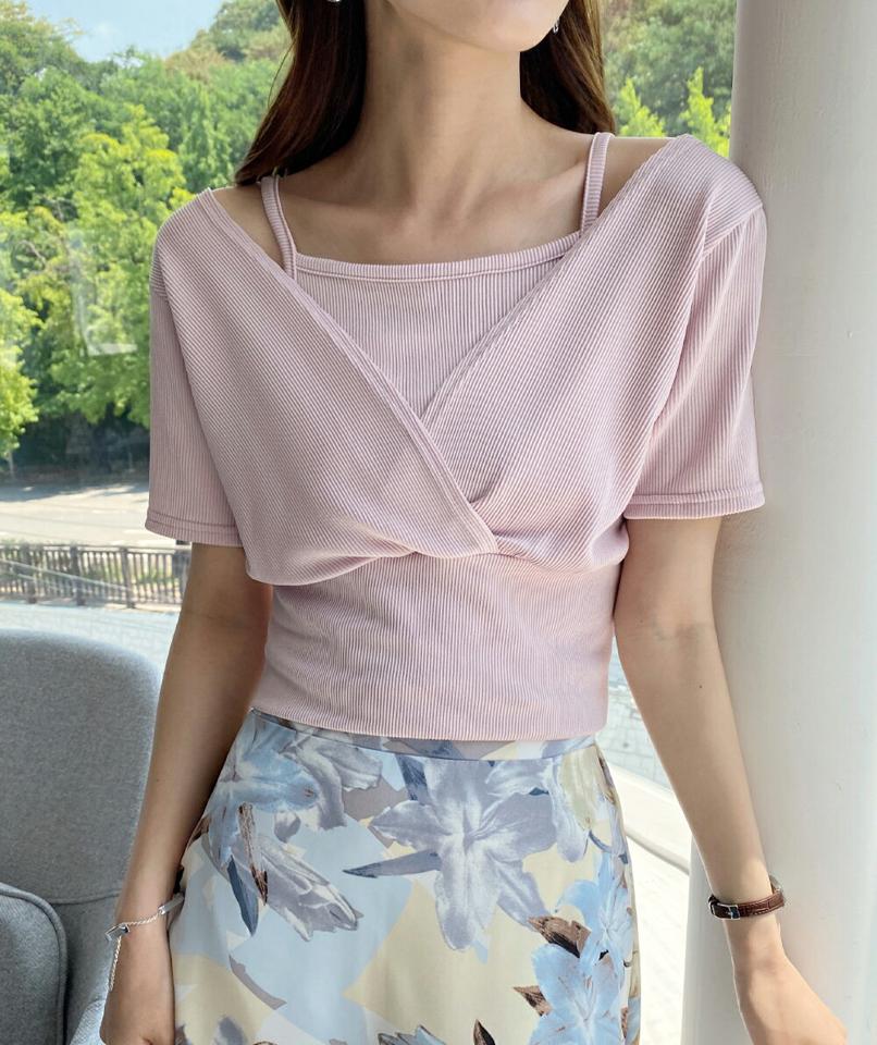 リブキャミソール&カシュクルーTシャツSET・全4色・t00782 レディース 【tops】セット アンサンブル 単色 ユニーク Tシャツ 半袖 カシュクール キャミソール スクエアネック 鎖骨 春 夏 フェミニン ピンク 韓国ファッション ハイホリHIHOLLI