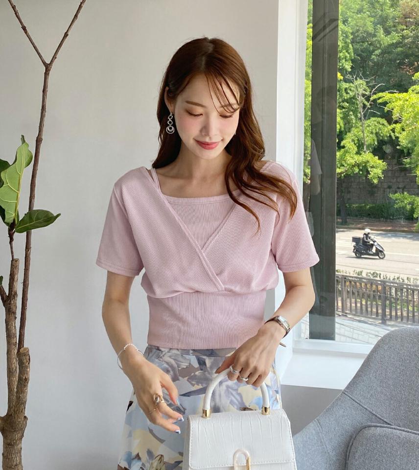 リブキャミソール&カシュクルーTシャツSET・全4色・t00782 レディース 【tops】セット アンサンブル 単色 ユニーク Tシャツ 半袖 カシュクール キャミソール スクエアネック 鎖骨 春 夏 フェミニン ピンク 韓国ファッション ハイホリHIHOLLI