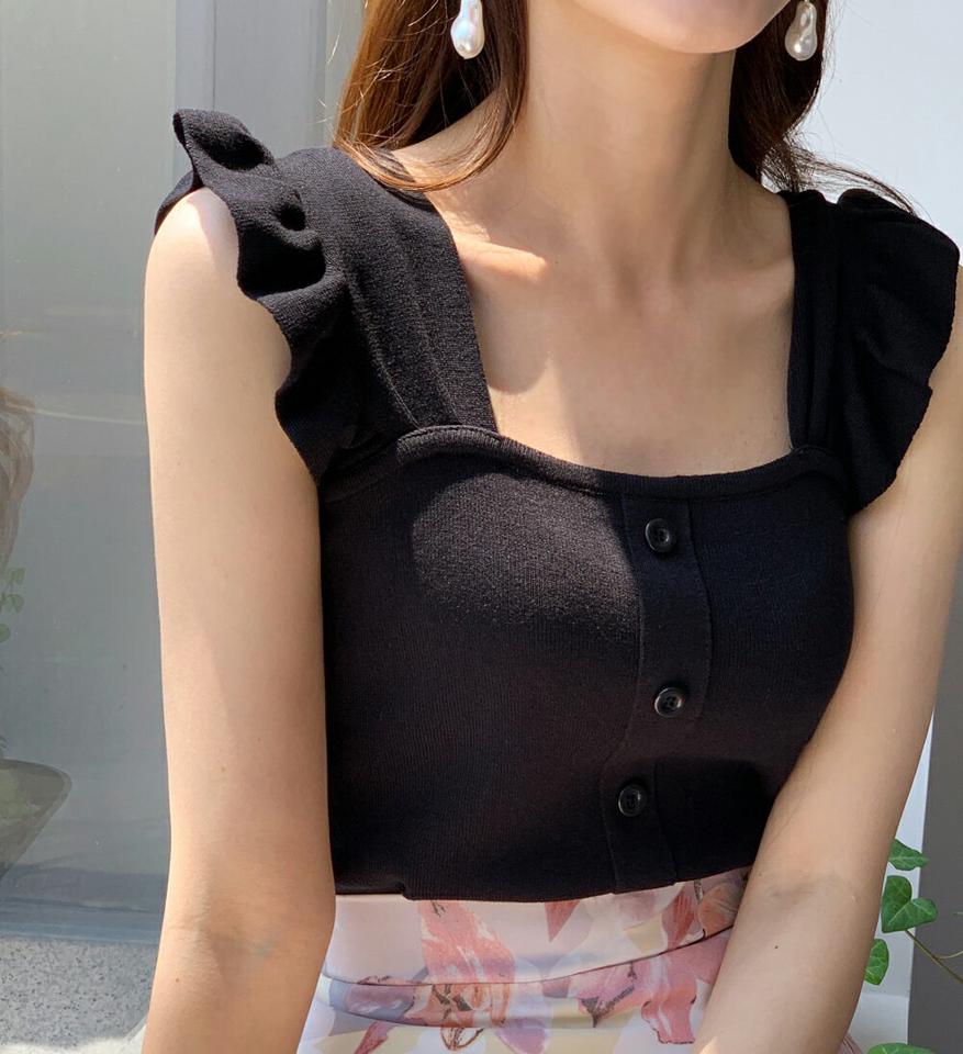 フリルニットノースリーブ・全4色・b00779 レディース 【tops】トップス ニット ノースリーブ スリーブレス 単色 フリル スクエアネック 鎖骨 デコルテ ラブリー 前後着用 タック スリム クロップド丈 春 夏 黄色 韓国ファッション ハイホリHIHOLLI