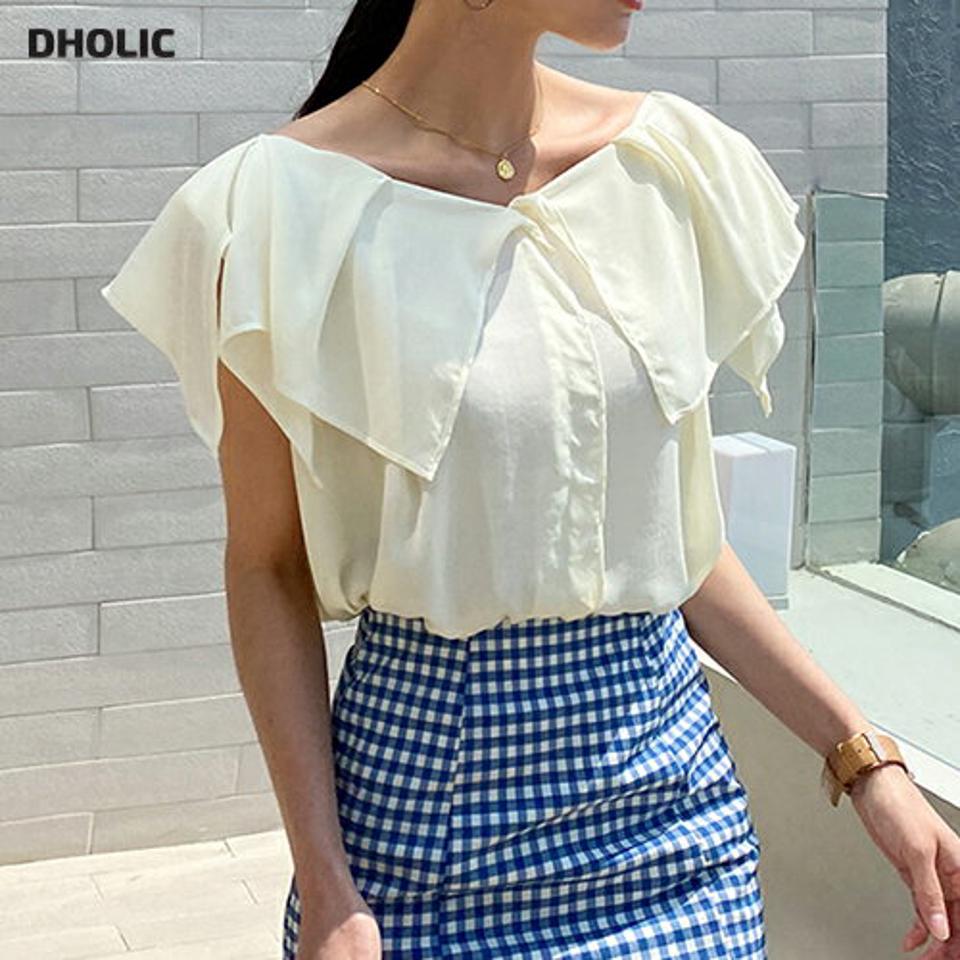 ビッグカラーブラウス・全4色・b00812 レディース 【bl】ブラウス トップス 半袖 単色 無地 シンプル パステル 襟 襟コン デコルテ 前後着用 オーバー 春 夏 フェミニン 上品 かわいい 可愛い 大きい襟 黄色 イエロー 韓国ファッション ハイホリHIHOLLI