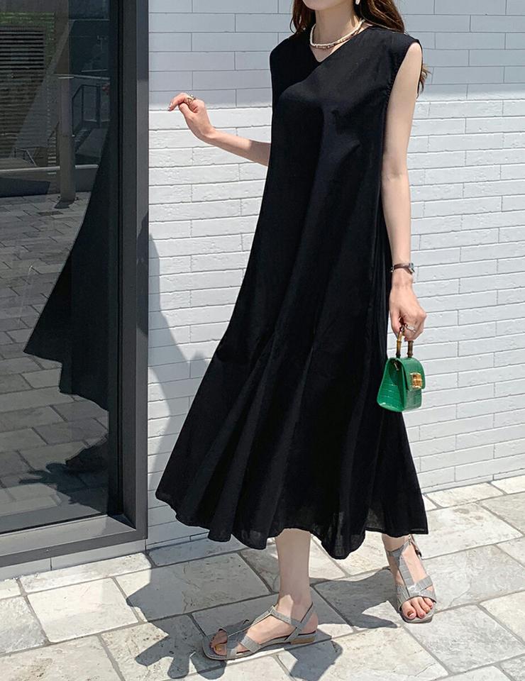 バックリボンノースリワンピース・全2色・b00788 レディース 【ops】ワンピース ロング丈 ノースリーブ 単色 無地 シンプル フレア 体型カバー ゆったり 楽ちん バックシャン リボン 夏 フェミニン 青 韓国ファッション ハイホリHIHOLLI