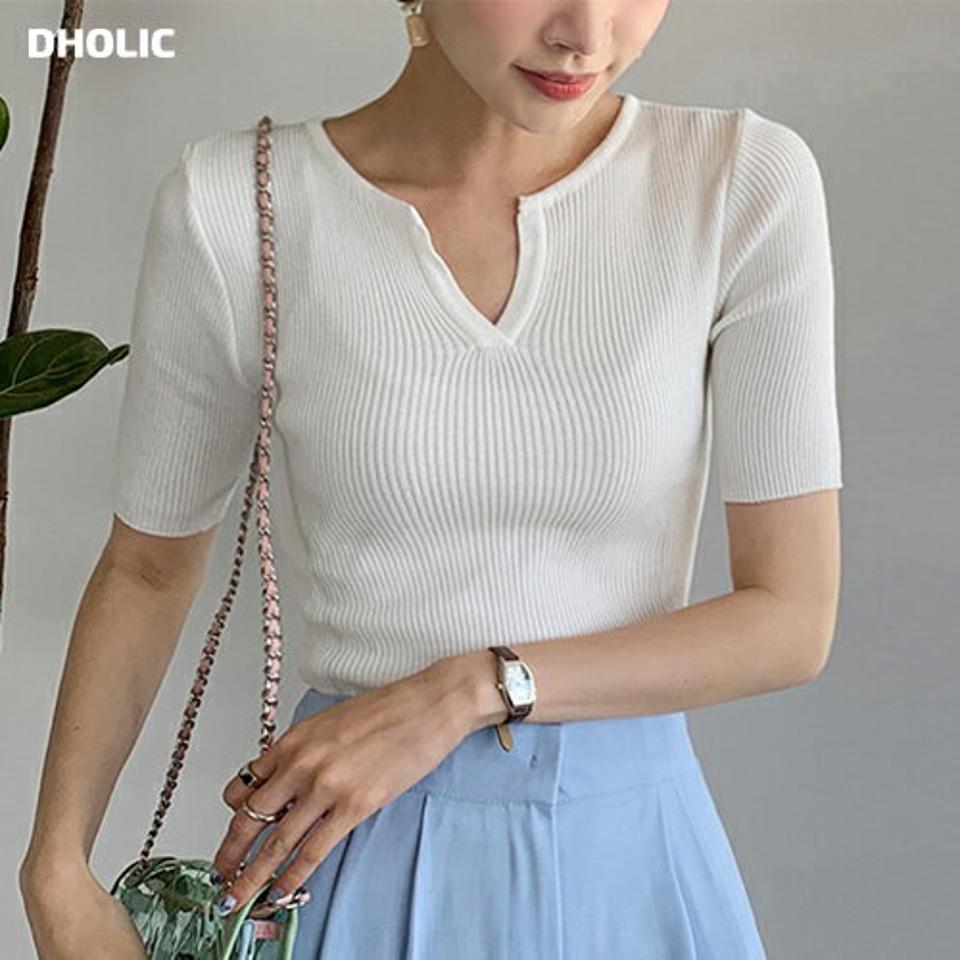 キーネックスリムリブニット・全5色・t00780 レディース 【tops】トップス ニット 半袖 単色 シンプル ベーシック スリム 細身 リブ スリット クロップド丈 春 夏 カジュアル レーヨン混 白 ホワイト 韓国ファッション ハイホリHIHOLLI