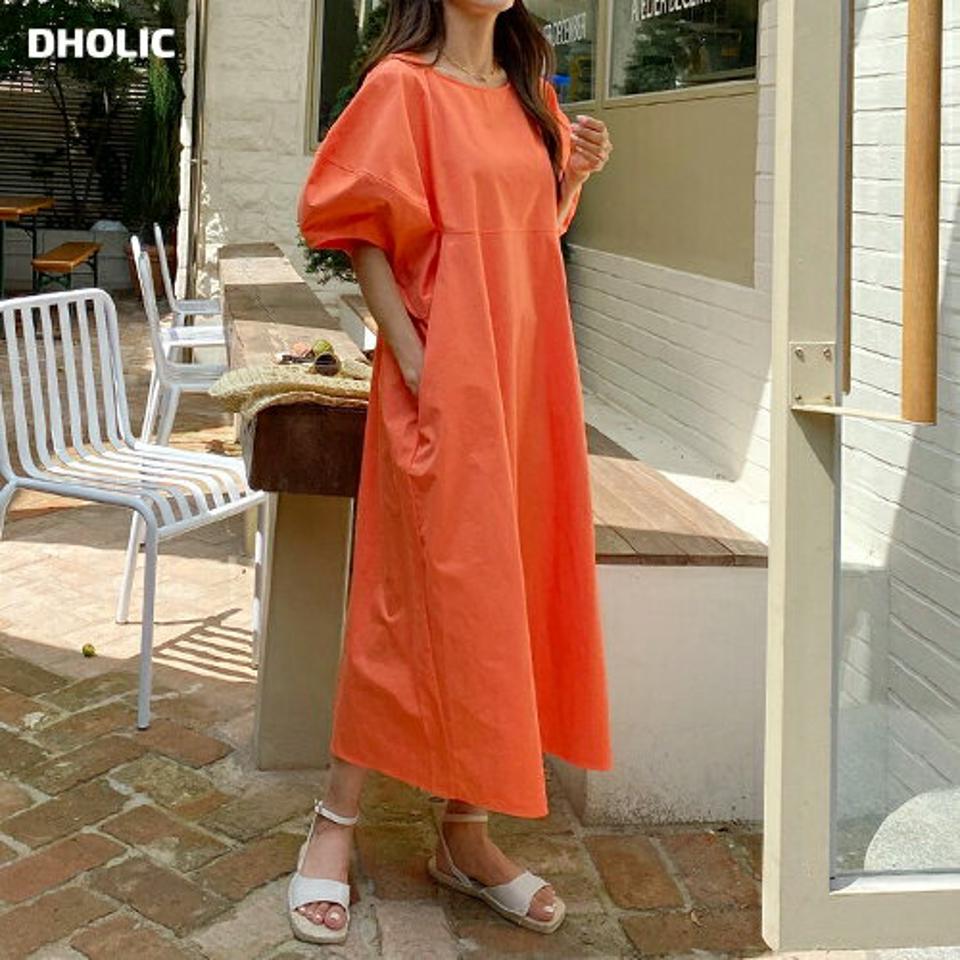 【10%OFF】バルーンスリーブワンピース・全4色・t67943 レディース 【ops】ワンピース ロング丈 ロングワンピース 半袖 二の腕カバー ボリューム袖 単色 無地 シンプル ベーシック 体型カバー ワンマイルウェア ゆったり ラフ 楽ちん オレンジ 夏 韓国ファッション opsセール