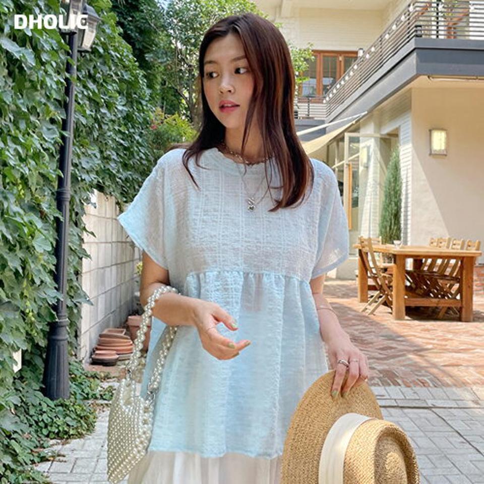 リンクルペプラムブラウス・全4色・t67932 レディース 【bl】トップス ブラウス 半袖 ペプラム お腹カバー 体型カバー リンクル エンボス チェック柄 ラウンドネック 透け感 シアー シースルー かわいい 可愛い 夏 韓国ファッション