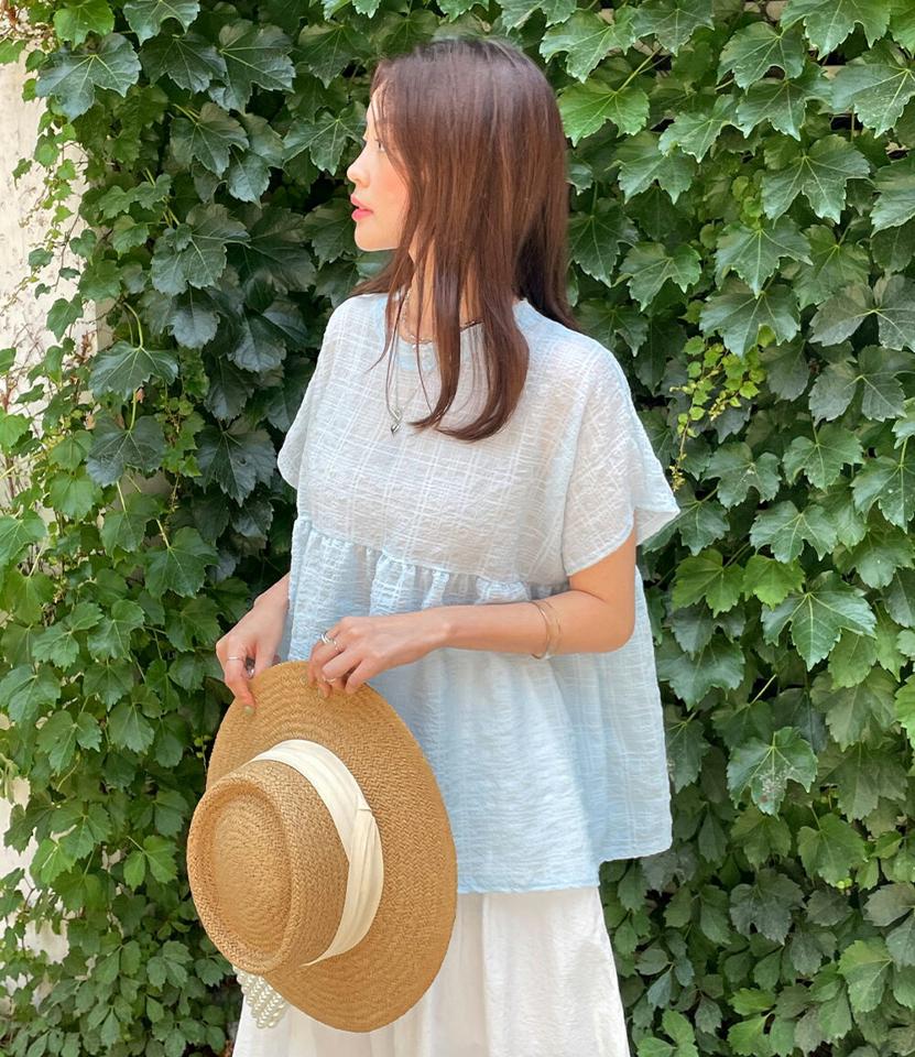 リンクルペプラムブラウス・全4色・t67932 レディース 【bl】トップス ブラウス 半袖 ペプラム お腹カバー 体型カバー リンクル エンボス チェック柄 ラウンドネック 透け感 シアー シースルー かわいい 可愛い 夏 韓国ファッション