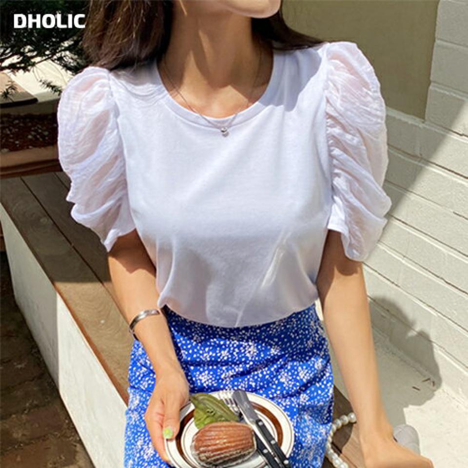 シアーパフスリーブTシャツ・全2色・b67931 レディース 【tops】トップス Tシャツ 半袖 ハーフスリーブ パフスリーブ シアー シースルー 透け感 袖コン 二の腕カバー 単色 無地 シンプル きれいめ 大人 ボリューム袖 夏 韓国ファッション