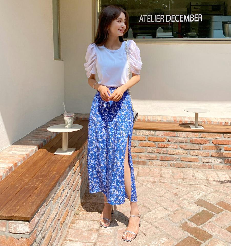 シアーパフスリーブTシャツ・全2色・b67931 レディース 【tops】トップス Tシャツ 半袖 ハーフスリーブ パフスリーブ シアー シースルー 透け感 袖コン 二の腕カバー 単色 無地 シンプル きれいめ 大人 ボリューム袖 夏 韓国ファッション
