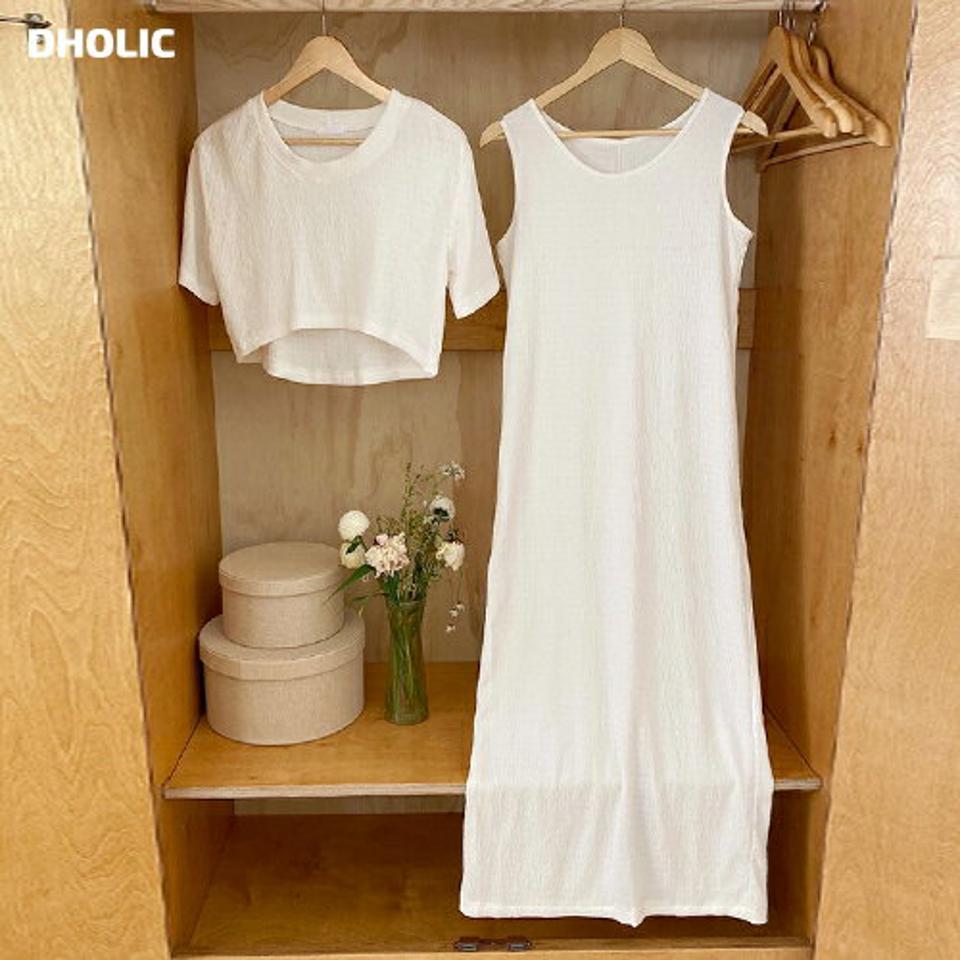 リンクルクロップドTシャツ&ノースリワンピースSET・全3色・t67941 レディース 【ops】セット ワンピース ロング丈 ノースリーブ トップス Tシャツ 半袖 リンクル 単色 無地 シンプル カジュアル ストレート ラフ 夏 韓国ファッション