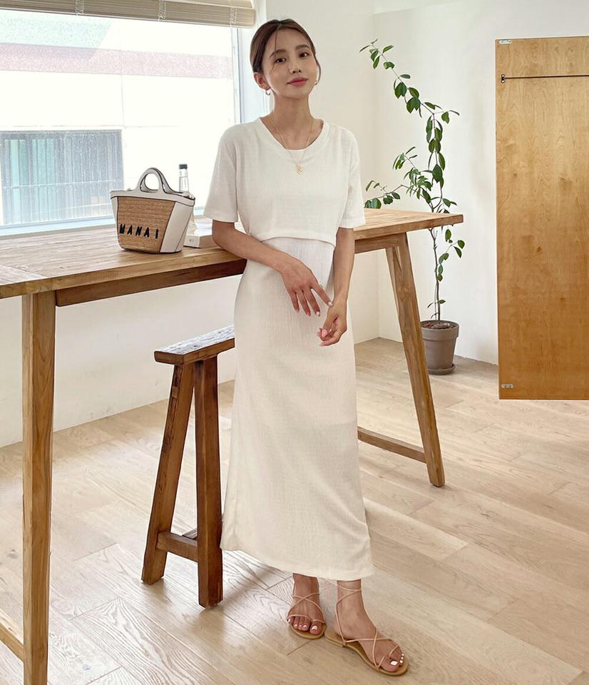 リンクルクロップドTシャツ&ノースリワンピースSET・全3色・t67941 レディース 【ops】セット ワンピース ロング丈 ノースリーブ トップス Tシャツ 半袖 リンクル 単色 無地 シンプル カジュアル ストレート ラフ 夏 韓国ファッション
